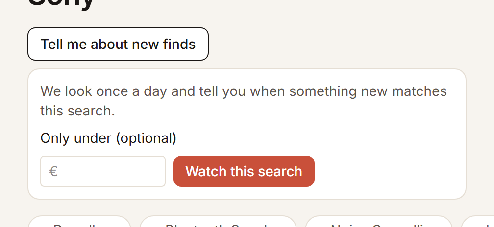 The button to follow a search, with the field for a maximum price and the button to confirm below it.