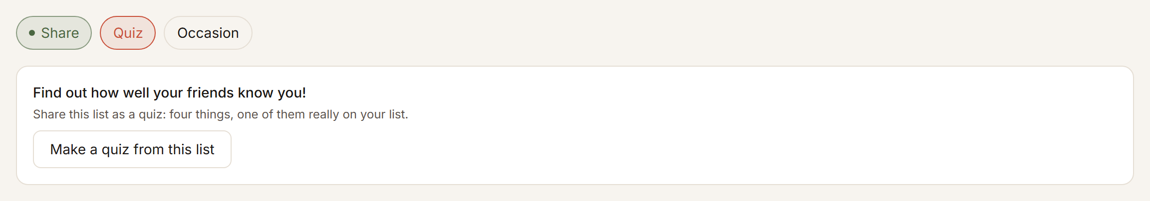 The quiz panel of a list, with the button to make a quiz from it.
