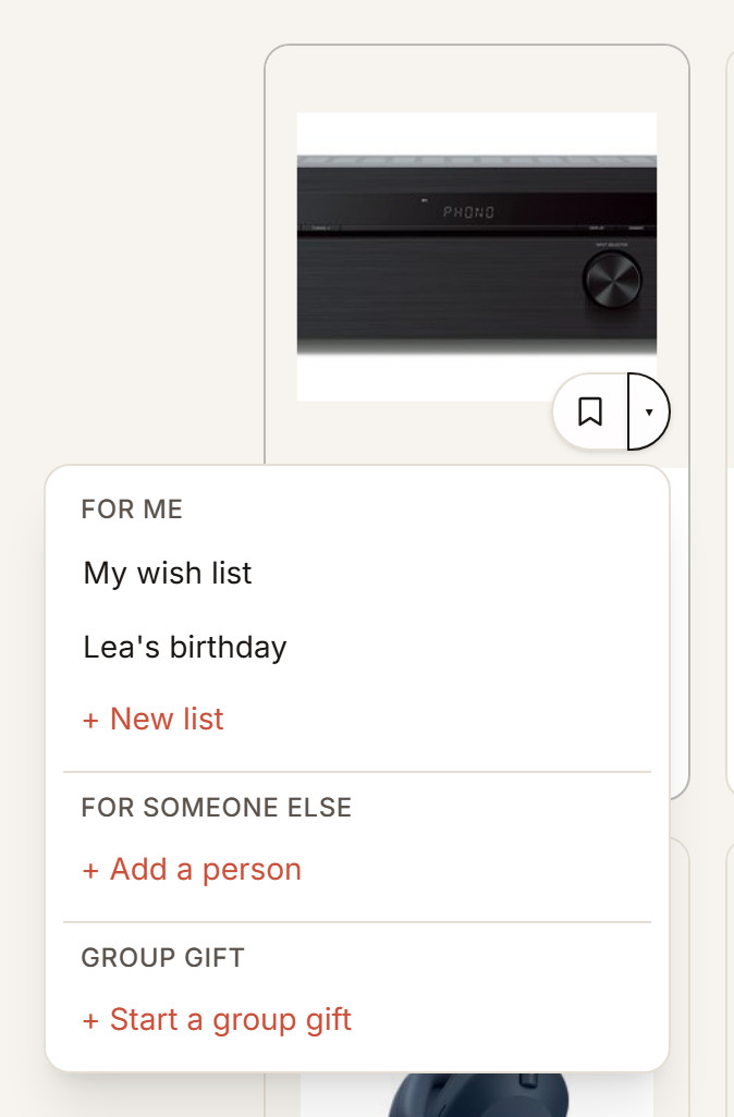 The panel open beside a product, listing the lists to save to and an option to start a new one.