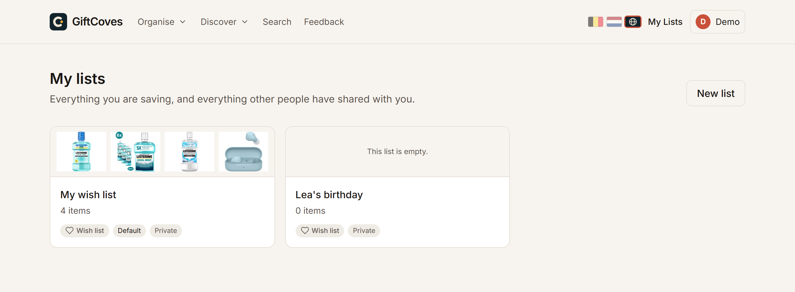 The my-lists page, with two lists and the button that makes another.