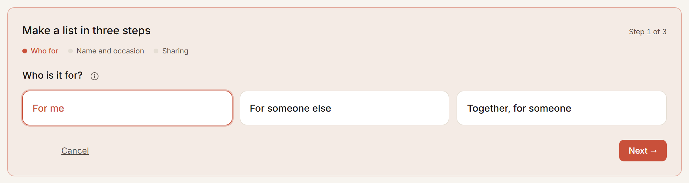 The first step of a new list, with the three kinds to choose from.
