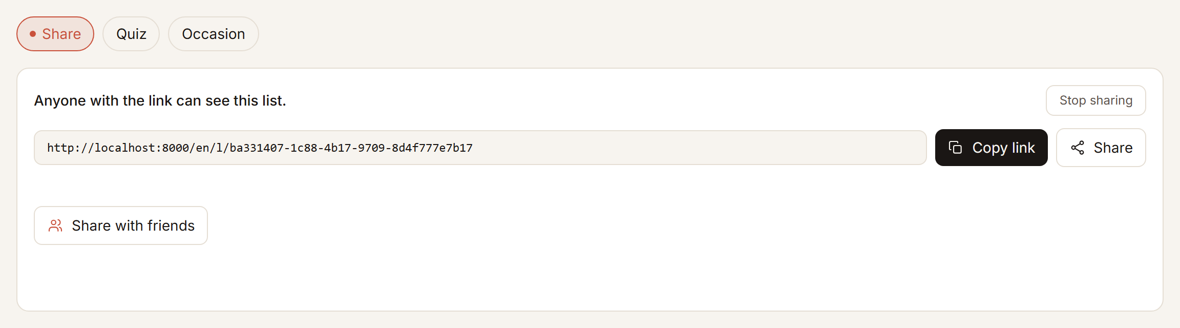 The share panel of a list, with the link, the button to copy it and the button to stop sharing.