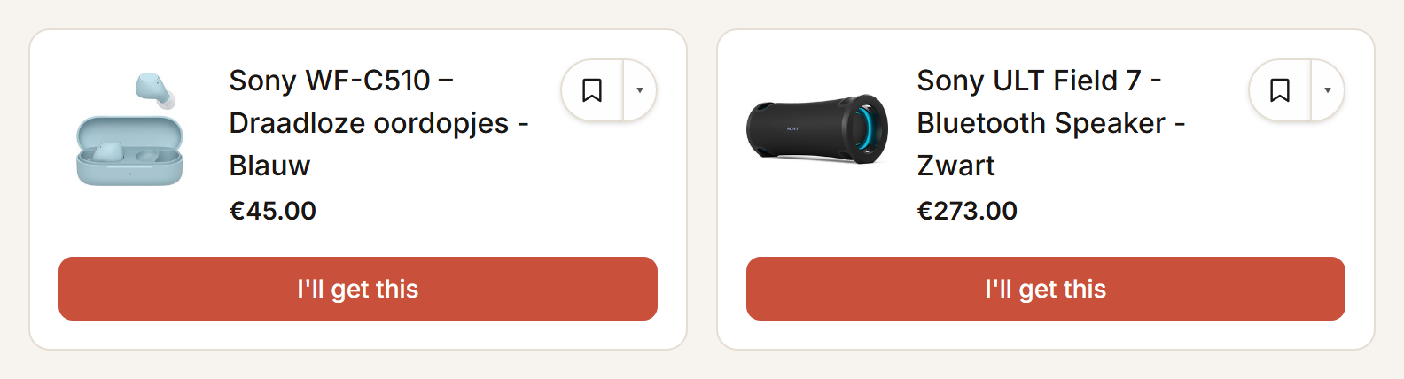 Two gifts on a shared list, each with the button to say you will get it.