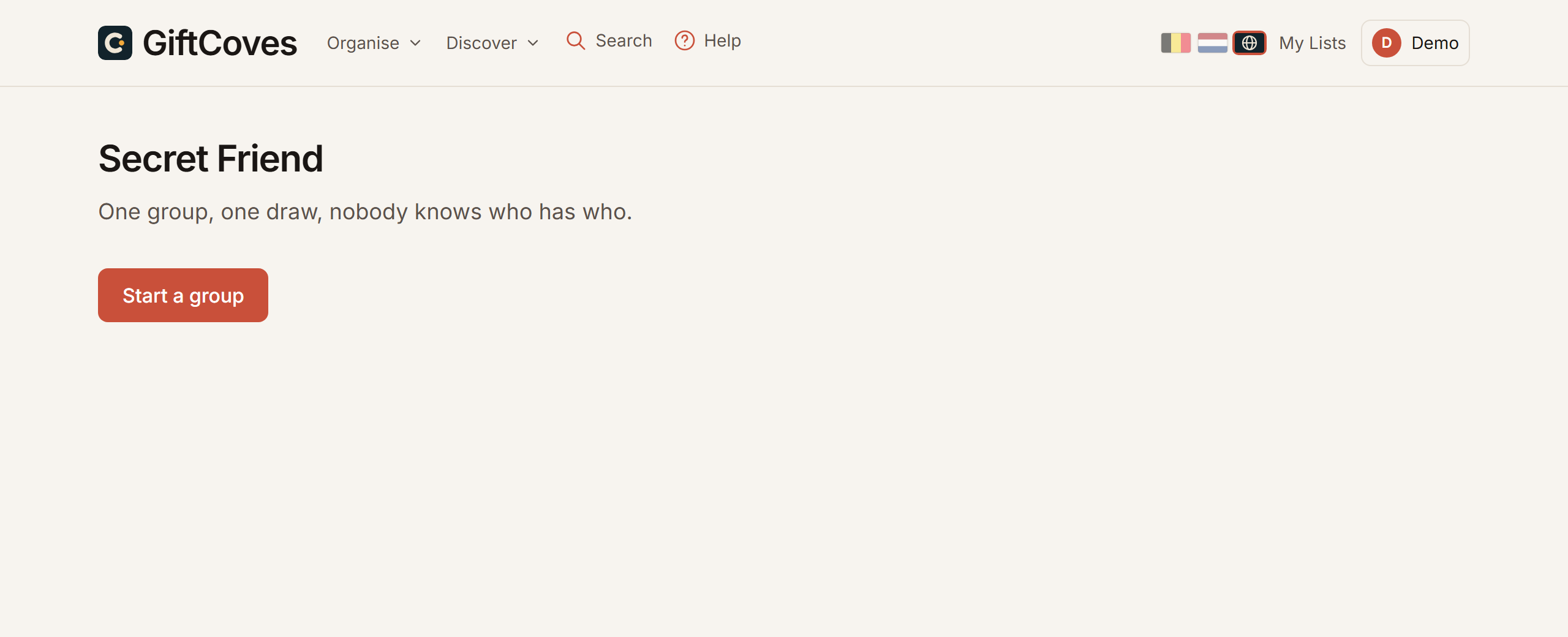 The Secret Santa page, with the button to start a group.