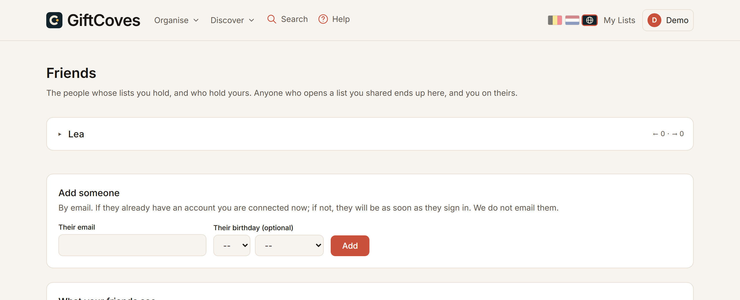 The friends page, with the form to add someone by email address.
