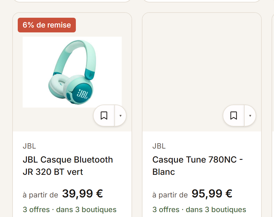 Deux fiches produit, chacune avec un bouton marque-page dans le coin de son image.