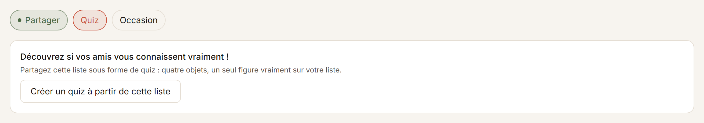 Le volet quiz d’une liste, avec le bouton pour en créer un.