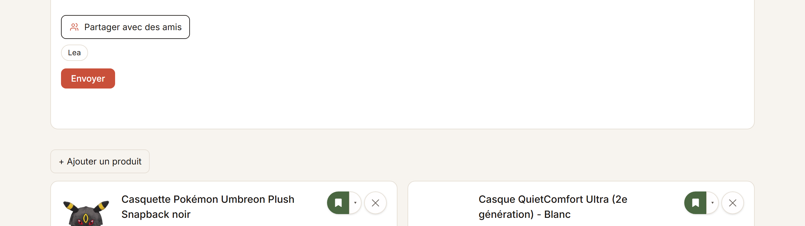 La partie du volet de partage où vous choisissez des amis et leur envoyez le lien.