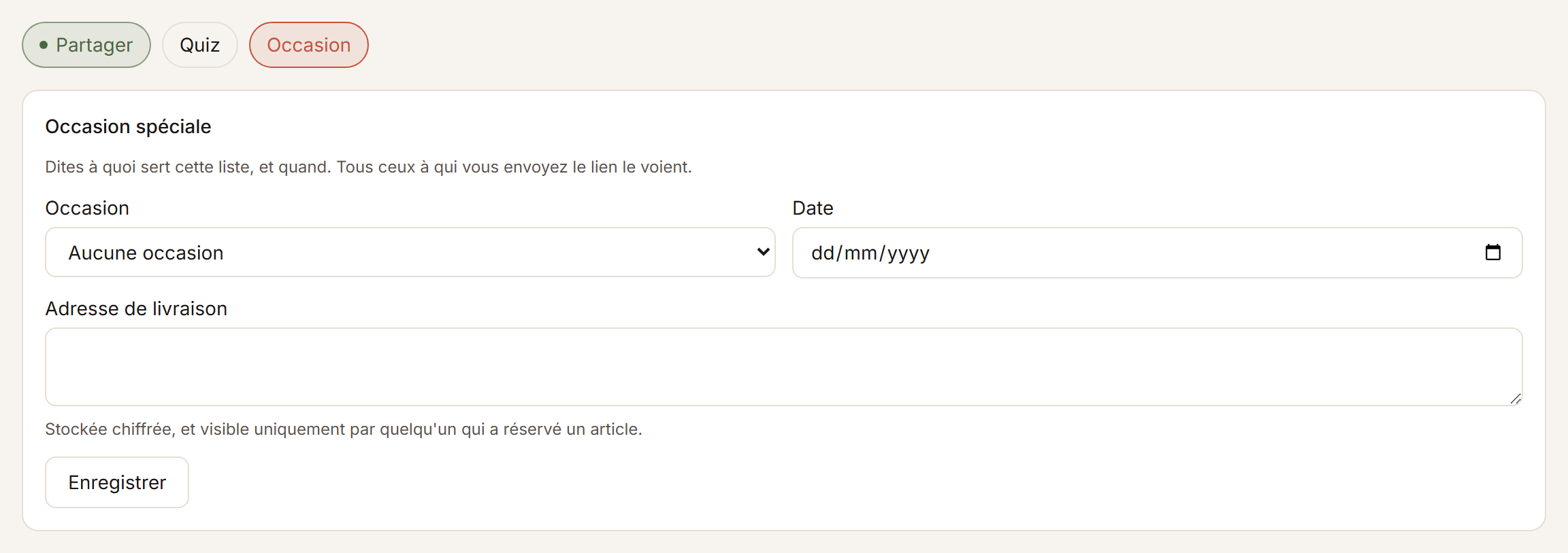 Le volet Occasion d’une liste, avec le choix de l’occasion et la date.