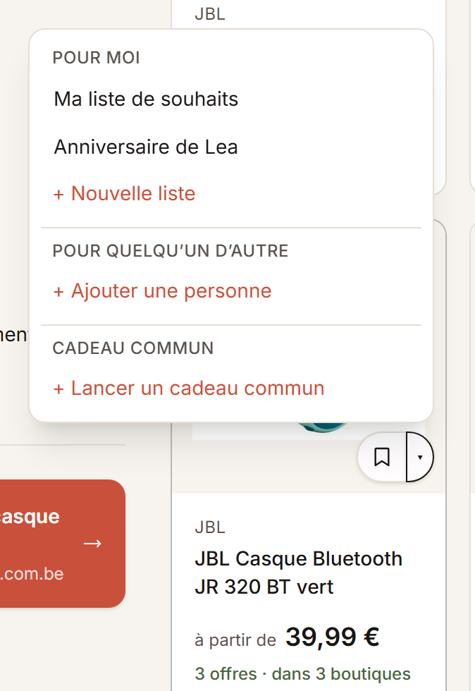 Le panneau ouvert à côté d'un produit, avec les listes disponibles et l'option d'en créer une nouvelle.