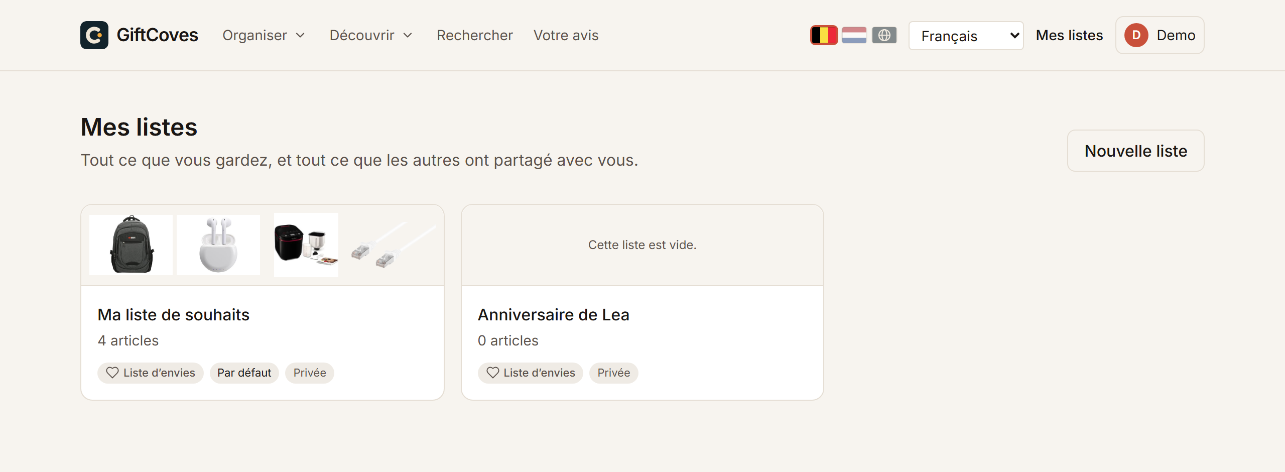 La page mes listes, avec deux listes et le bouton qui en crée une autre.