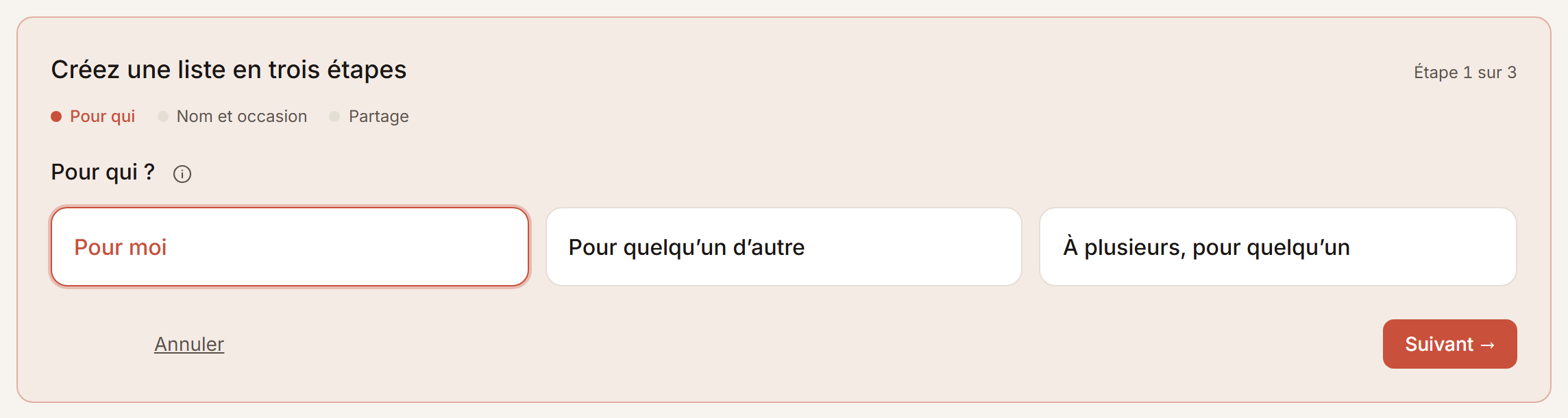 La première étape d’une nouvelle liste, avec les trois sortes au choix.