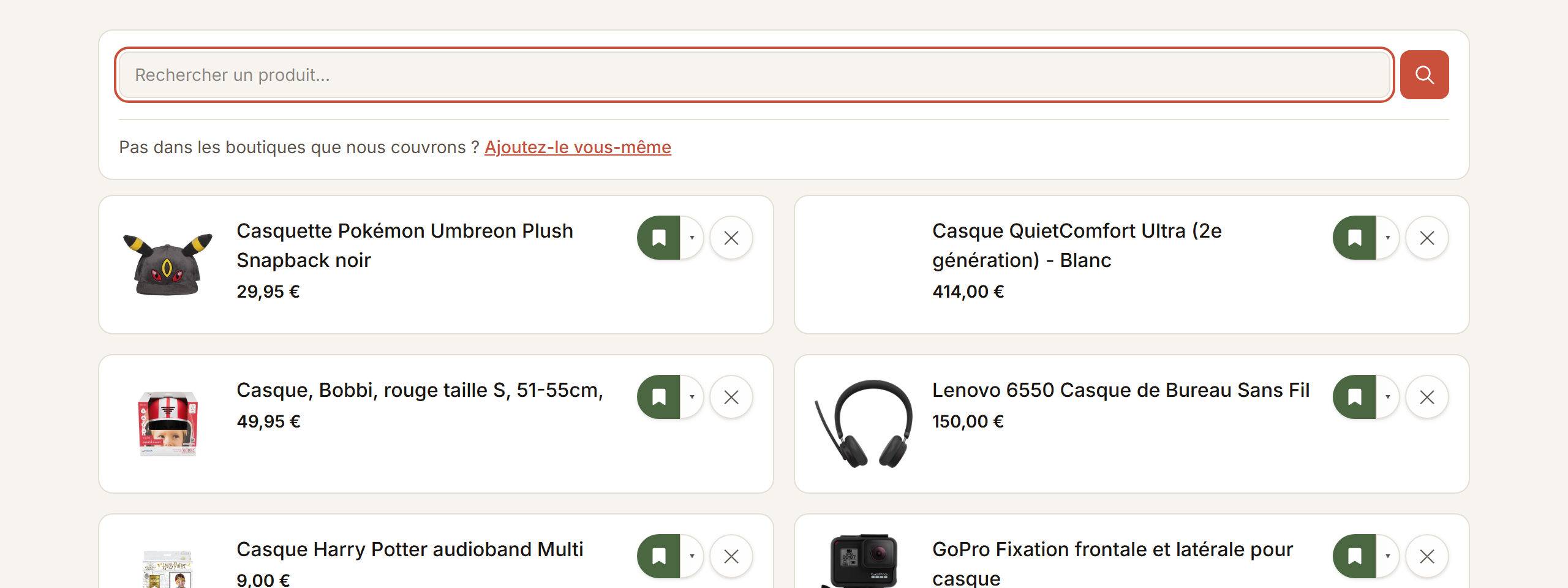 Le champ de recherche en haut d’une liste pour ajouter un produit, avec en dessous le lien pour l’ajouter vous-même.