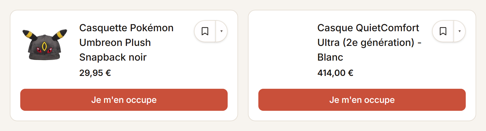 Deux cadeaux sur une liste partagée, chacun avec le bouton pour dire que vous vous en occupez.