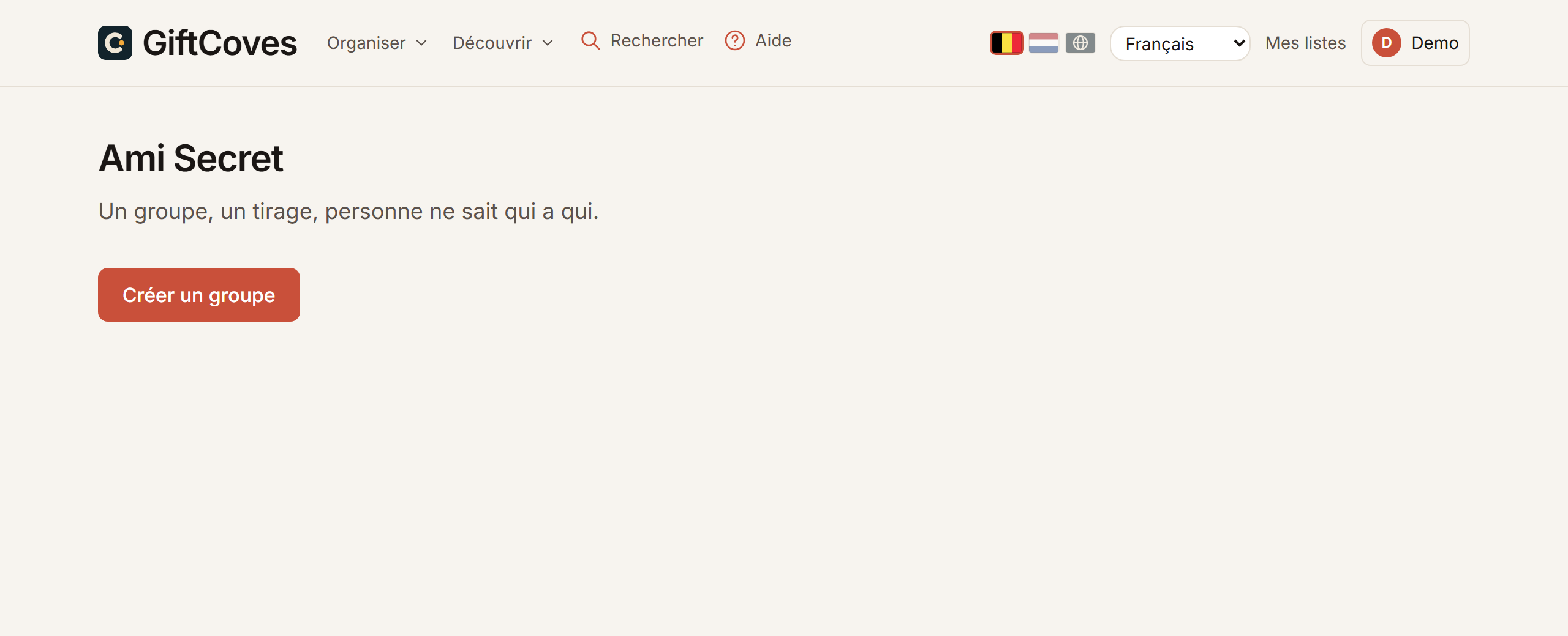 La page Ami secret, avec le bouton pour créer un groupe.