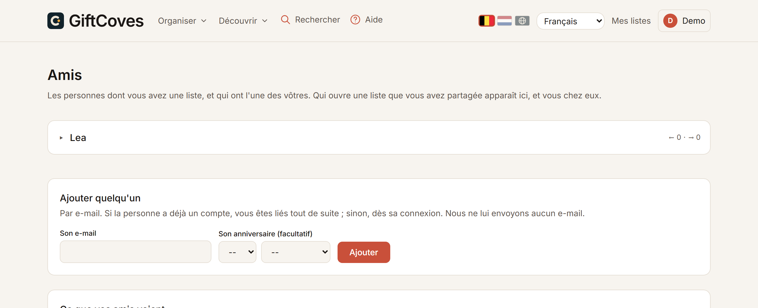 La page des amis, avec le formulaire pour ajouter quelqu’un par son adresse e-mail.