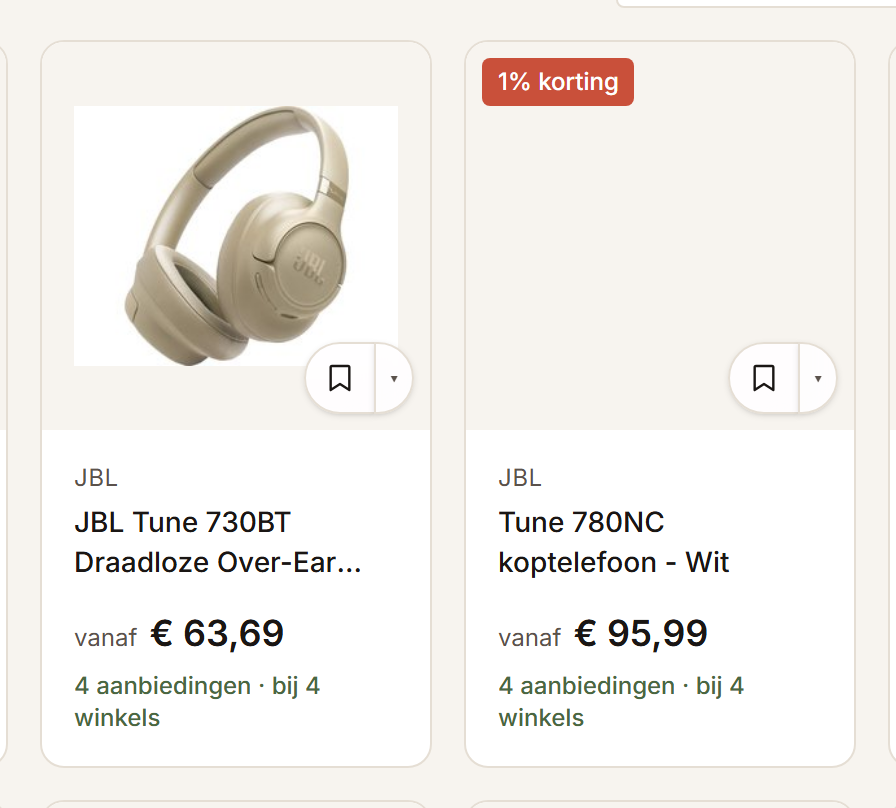 Twee productkaarten, elk met een bladwijzerknop in de hoek van de foto.