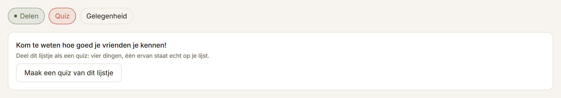 Het quizvenster van een lijstje, met de knop om er een quiz van te maken.