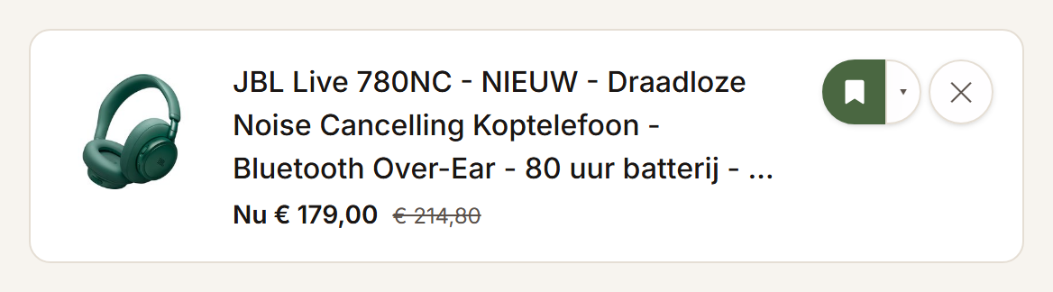 Een item op een lijstje waarvan de prijs zakte, met de nieuwe prijs en de oude doorgestreept.