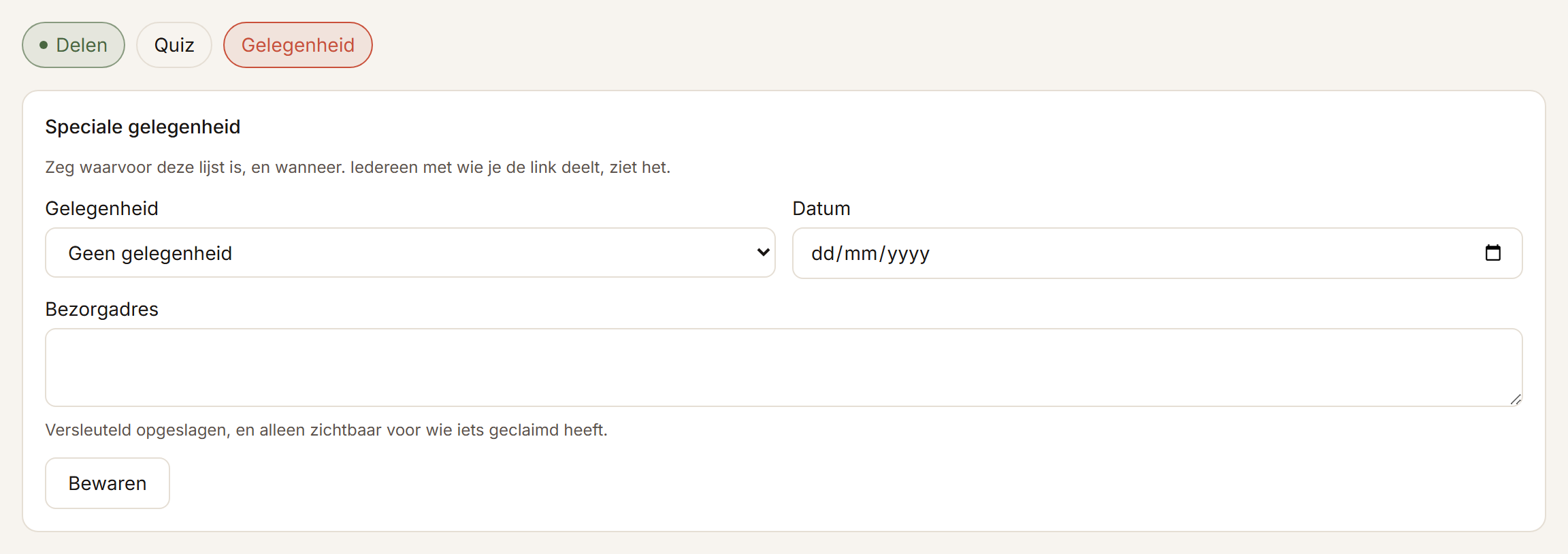 Het venster Gelegenheid van een lijstje, met de keuze van de gelegenheid en de datum.