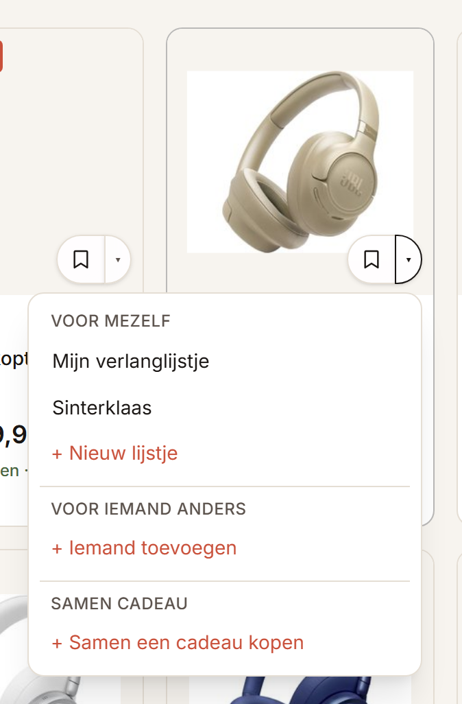 Het geopende venster naast een product, met de lijstjes om in te bewaren en de optie om een nieuw lijstje te beginnen.