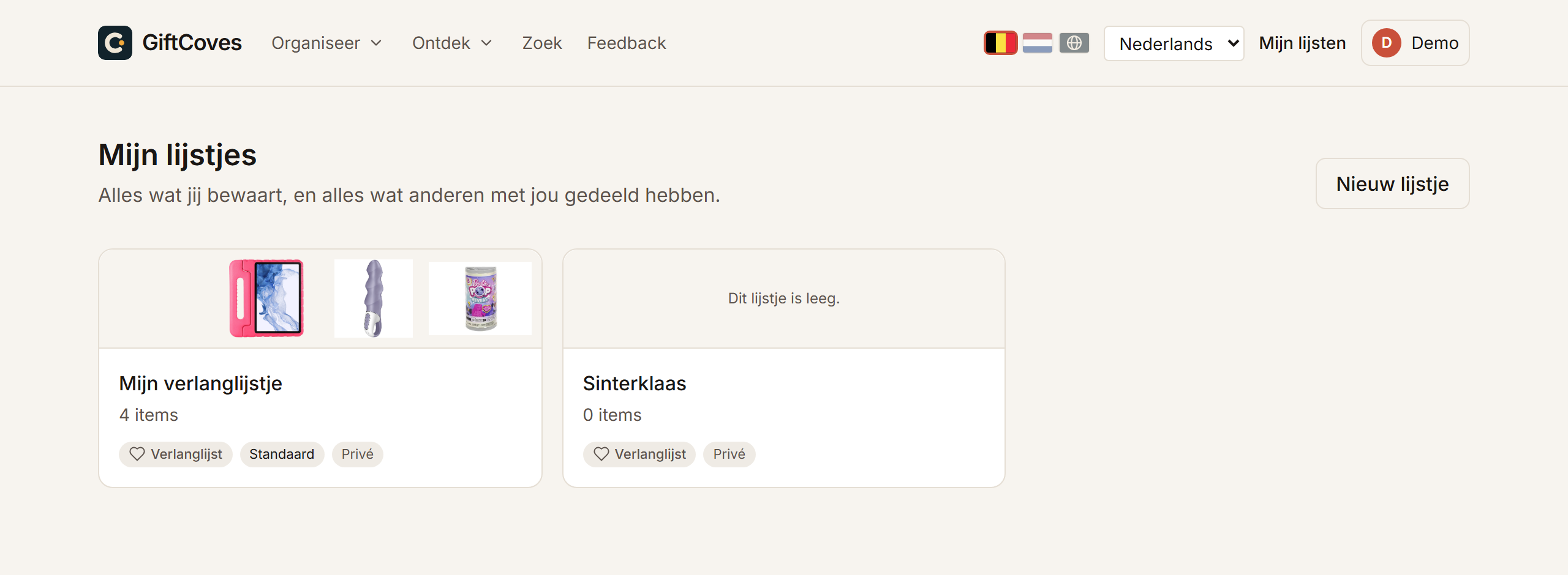 De pagina met mijn lijstjes, met twee lijstjes en de knop waarmee je er een maakt.