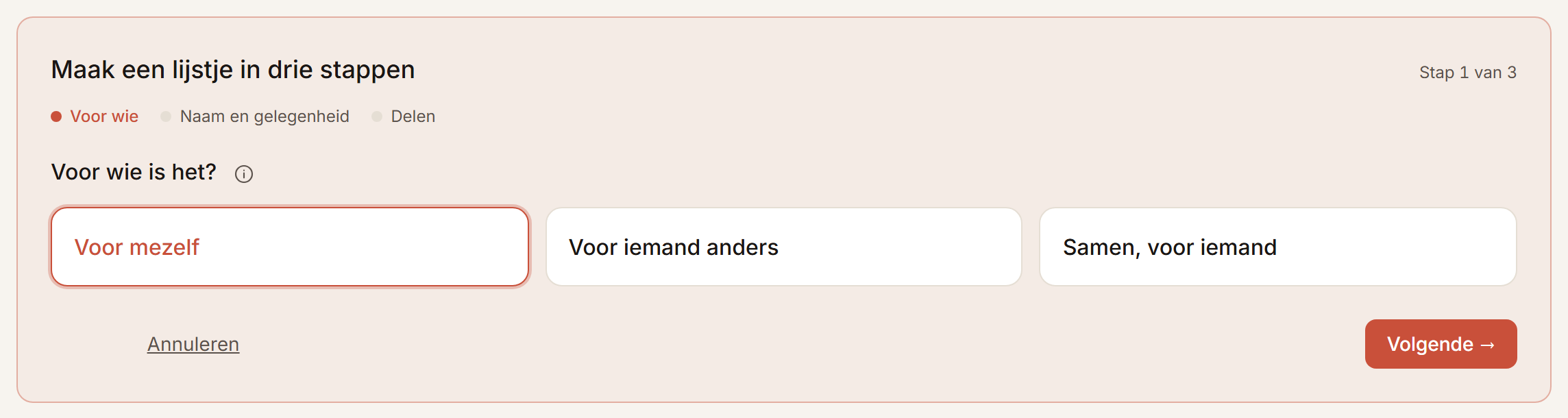 De eerste stap van een nieuw lijstje, met de drie soorten om uit te kiezen.