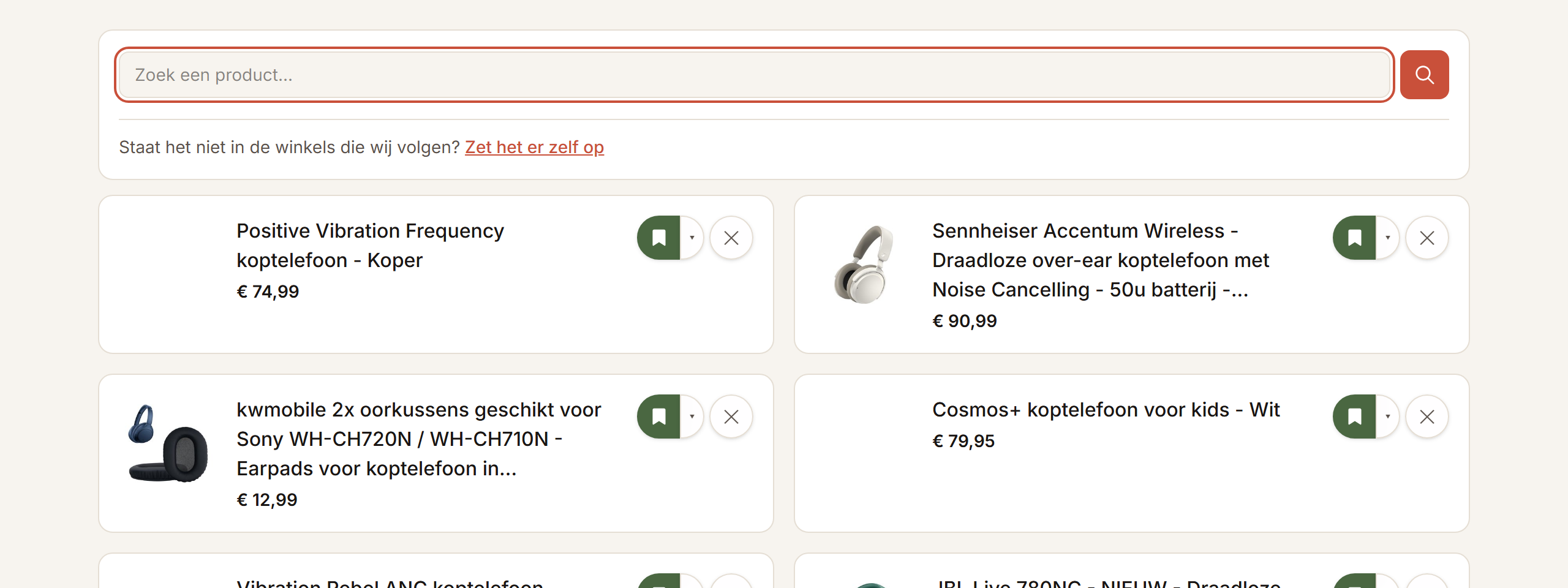 Het zoekvak bovenaan een lijstje om een product toe te voegen, met daaronder de link om het er zelf op te zetten.