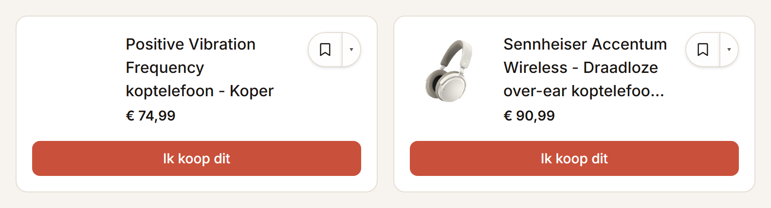 Twee cadeaus op een gedeeld lijstje, elk met de knop “Ik koop dit”.