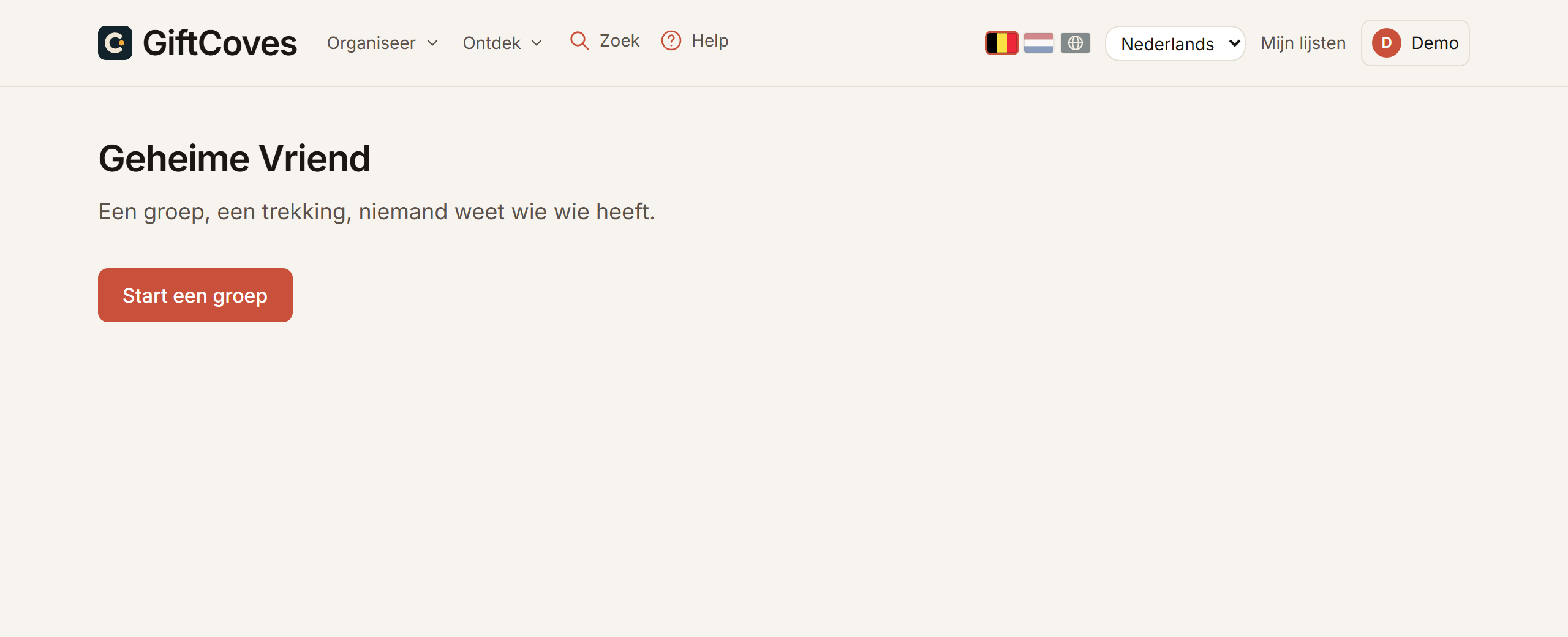 De pagina Geheime Vriend, met de knop om een groep te starten.