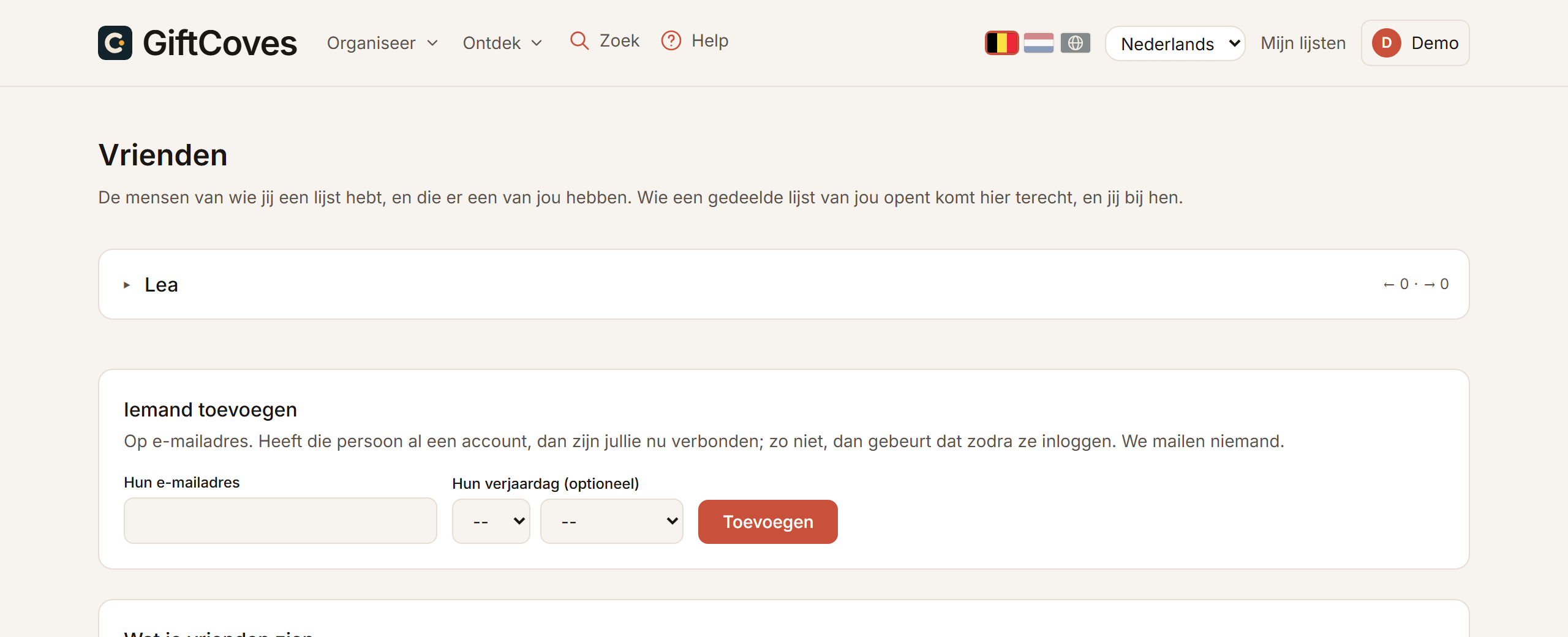 De vriendenpagina, met het formulier om iemand toe te voegen op e-mailadres.
