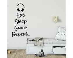 Sticker Muursticker Eat Sleep Game Repeat Headset - Jaune - 83 x 160 cm - Muursticker4Sale