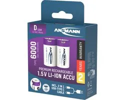Ansmann Batterie D - 5400 mAh - Li-Ion - Rechargeable via USB-C - Câble inclus - Violet - 2 pièces