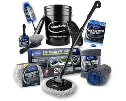 Kit de lavage de voiture complet en 9 parties - Kit de lavage avec brosse de lavage auto 120 cm, brosses pour jantes, chiffon de séchage et seau de lavage - FoamGrip Pro