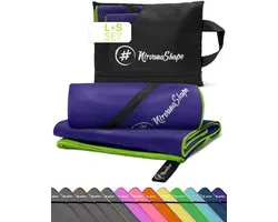 NirvanaShape - microvezel handdoek - strandlaken en badlaken - sneldrogend en absorberend - sporthanddoek met slimme hoekzak - set van 2: 140 x 70 cm + 60 x 40 cm - Paars / Groene Rand