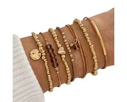 Armbanden Set Dames - 7 Delige Bohemian Sieraden Set - Goudkleurige Elastische Armbanden - Trendy & Comfortabel - Modieuze Accessoires voor Elke Gelegenheid