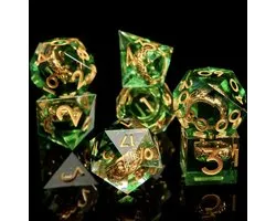 Ensemble de dés Joya Kids® Dungeons and Dragons | Set de Dés DnD Polydice | Ensemble de dés D&D | Ensemble de 7 pièces en résine | Coffre de rangement de Luxe inclus | Vert avec Ring dans les pierres