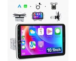 Autoradio Boscer 1 Din avec écran 10,1 pouces - Apple CarPlay & Android Auto sans fil - Rotatif & Amovible - Bluetooth & Radio FM/AM (RDS) - Incl. Caméra de recul & Microphone