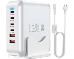 C snel laderblok, 120W 6-poort laadstation GaN Hub adapter, USB C wand Multi-lader stroomstok stekker met aan/uit schakelaar voor iPad iPhone 16 15 14 13 12 Pro Max Galaxy S23