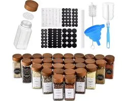 Set de Luxe de 36 Pots d'herbes aromatiques en Verres - 120 ml - Avec couvercle à visser en bois, Autocollants et Accessoires de vêtements pour bébé - Pots à épices pour étagère à épices ou organisateur d'épices