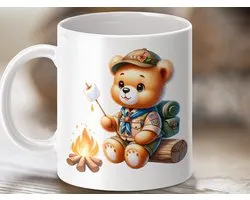 Mok Leuke Teddybeer Scout met Marshmallow bij Kampvuur Afbeelding, Camping Mok, Schattige Bear Scouting Koffiemok, Outdoor Avontuur Cadeau
