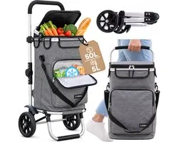 SquareSix Boodschappentrolley 50L met Koelvak - Boodschappenkar - Winkeltrolley Opvouwbaar - Afneembare Tas - Steekwagenfunctie - Grijs