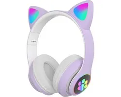 Kinder hoofdtelefoon - cat headphones| Draadloze koptelefoon Bluetooth met led kattenoortjes paars | Koptelefoon voor Kinderen - Met Led Kat Oortjes | met verlichting poot