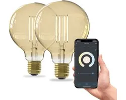 Calex Smart Lamp - Set de 2 pièces - Siècle des Lumières Filament LED Wifi - Globe 9.5cm - E27 - Smart Light Source Or- Dimmable - Lumière Wit Chaud - 7W