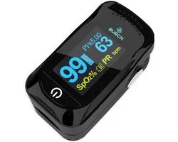 BURCH Med® - Pro Saturatiemeter zuurstofmeter vinger - Saturatiemeter best getest- Saturatiemeters - Oximeter Hartslagmeter- ZWART - CE/FAGG - NL EN FR - Koord + Batt + Tasje