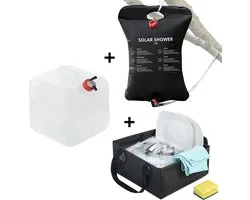 Dutch Mountains 3-in-1 Waterset – Solar Buitendouche, Jerrycan Camping & Opvouwbare Wasbak – Compact & Lichtgewicht