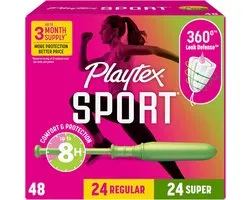 Playtex Sport Tampons Multipack (24ct Regular/24ct Super), Fragrance-Free - 48ct | Tampons Regular and Super, Playtex Tampon Multipack, Feminine Care with 360 Leak Defense