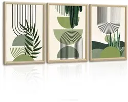 FajerminArt 3 Pcs Framed Sage Green Canvas Wall Decor, Boho Aesthetic Green Plant Wall Decoration Modern Poster Canvas - ShopVlot