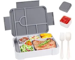 Bento Lunchbox - 1330ml Lekvrije Bento Box voor Volwassenen - 6 Vakken Voedselcontainer met Bestekset - BPA-vrij Snackbox voor Kantoor - Magnetron & Vaatwasserbestendig - Lichtgrijs - 1 Stuk