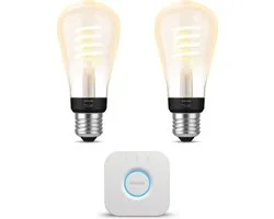 Philips Hue Starterspakket - E27 - met 2 Filament Edisonlampen Klein (ST64) - Warm tot Koelwit Licht - Incl. 1 Hue Bridge - Hue White Ambiance Filament